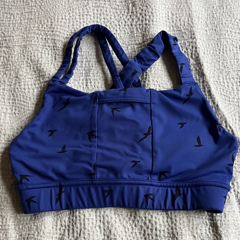 Oiselle Blue Sports Bra with Black Bird Pattern